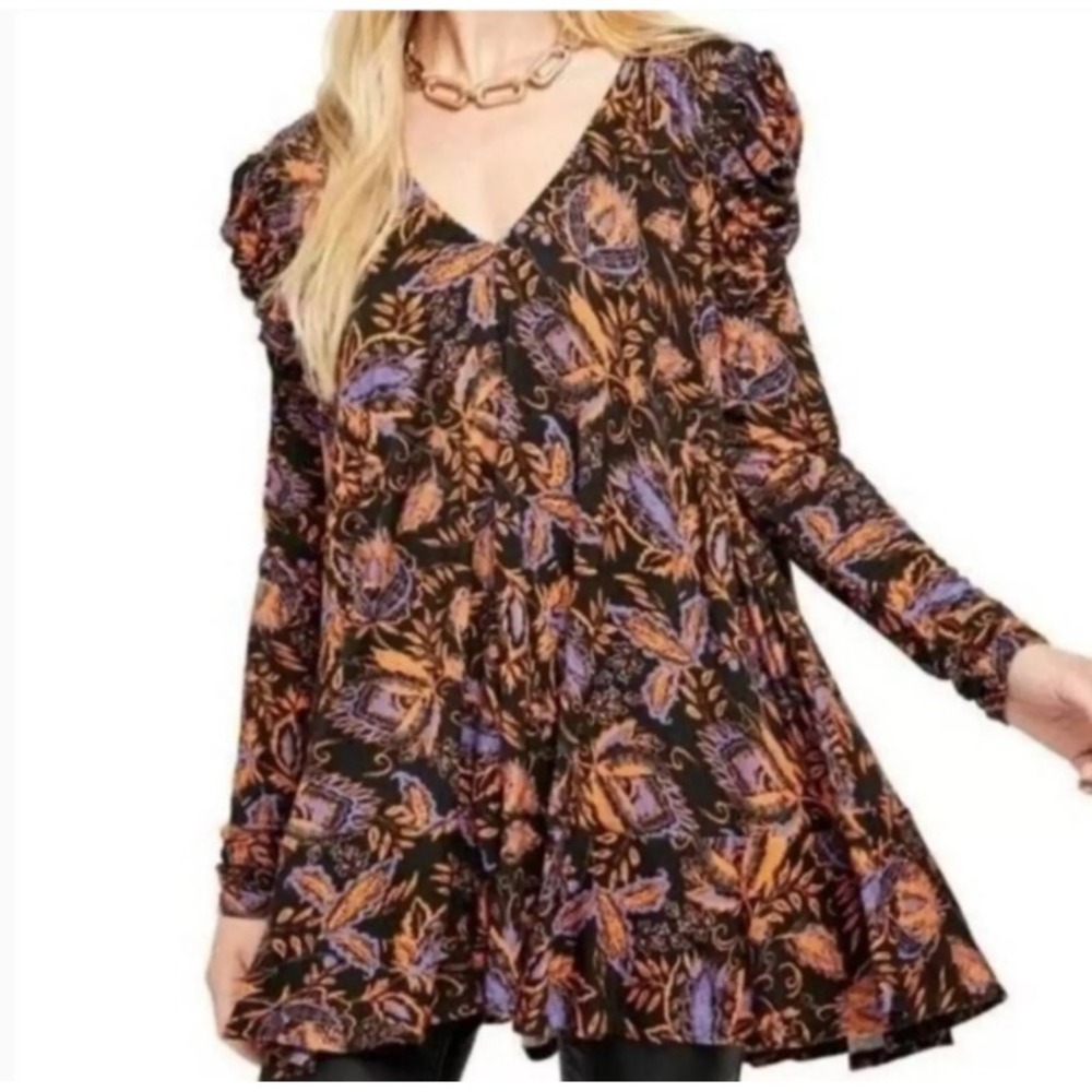 Free People Hello Lover Tunic/Mini Dress Orange Multi Print Oversize V-Neck, SP